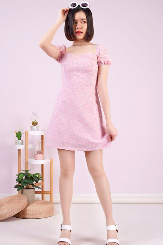 Fine Square Neck Puff Sleeve Leopard Print A Line Dress (Pink)